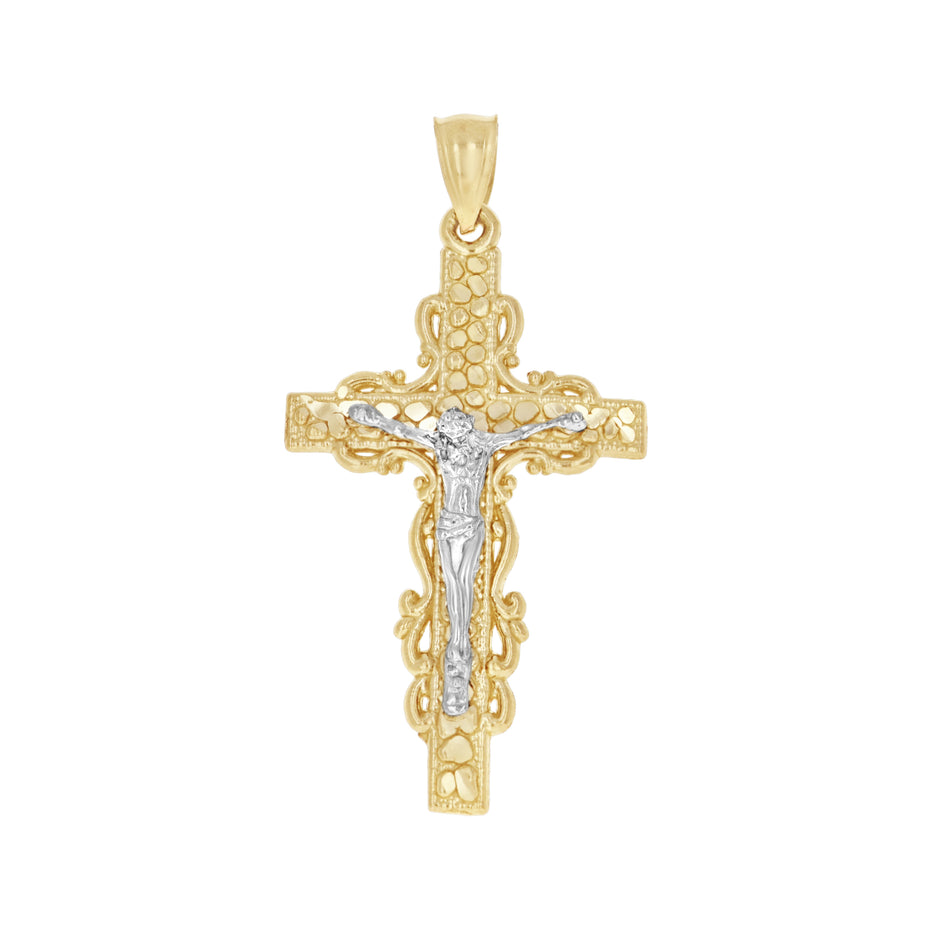 10kt Gold Two-Tone Diamond-Cut Mens Cross Crucifix Religious Charm Pendant