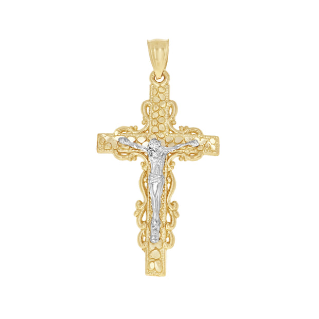 10kt Gold Two-Tone Diamond-Cut Mens Cross Crucifix Religious Charm Pendant