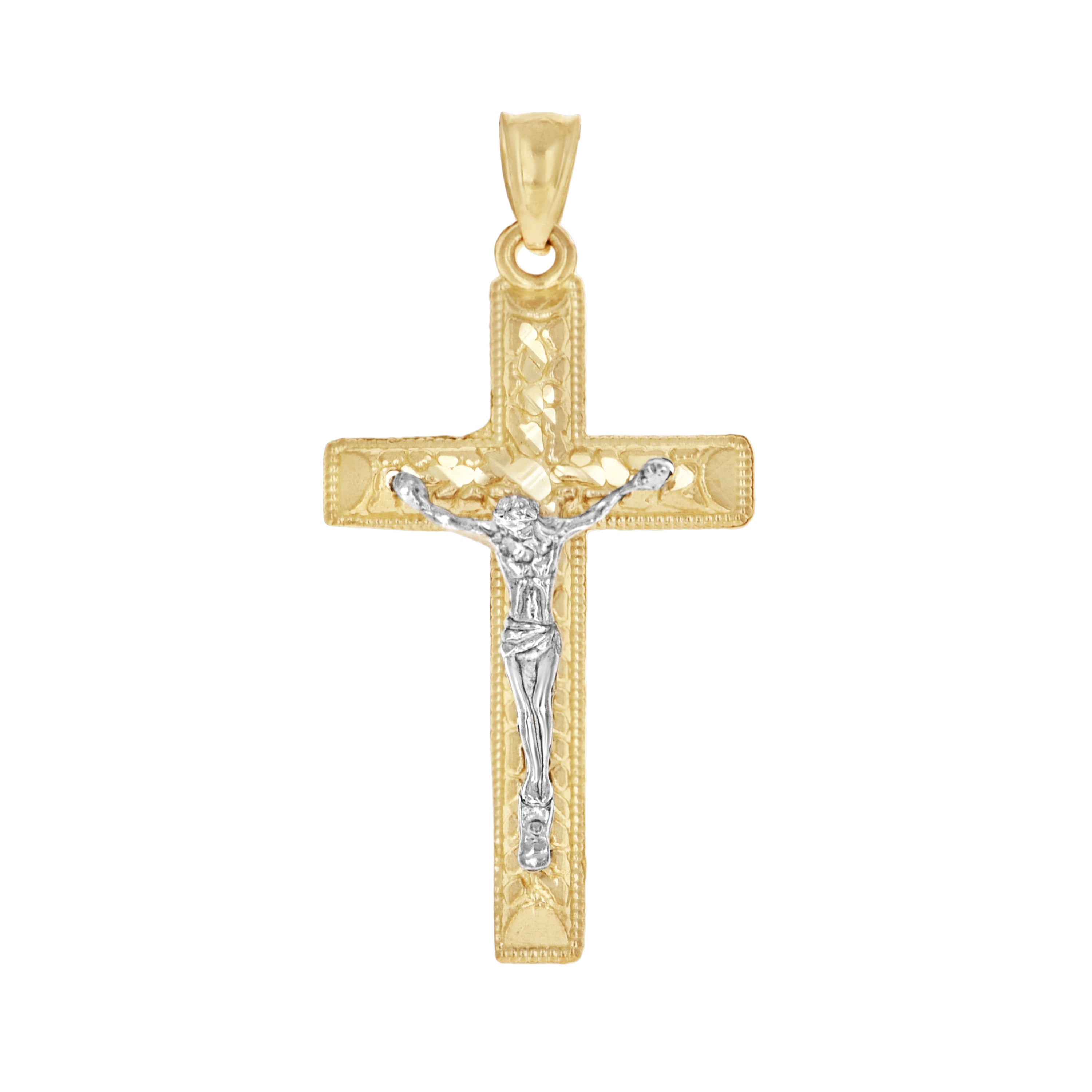 10kt Two-Tone Gold Mens Women Nugget Textured Crucifix Cross Religious Charm Pendant
