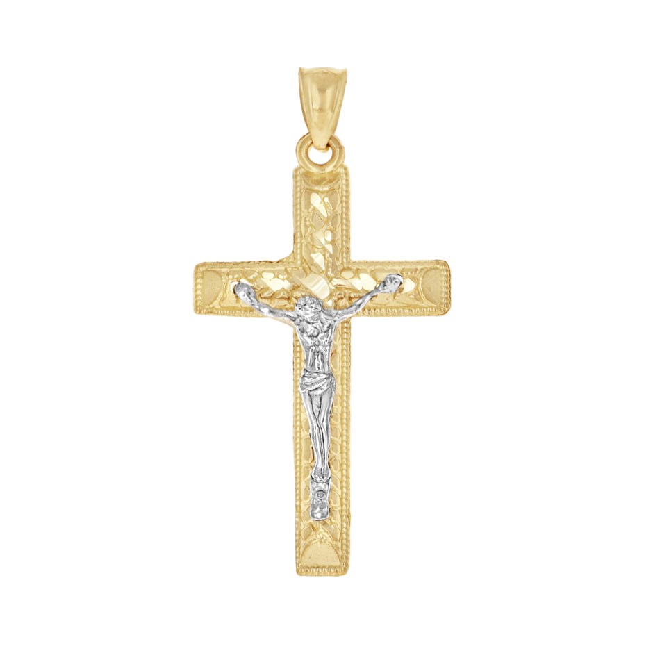 10kt Two-Tone Gold Mens Women Nugget Textured Crucifix Cross Religious Charm Pendant