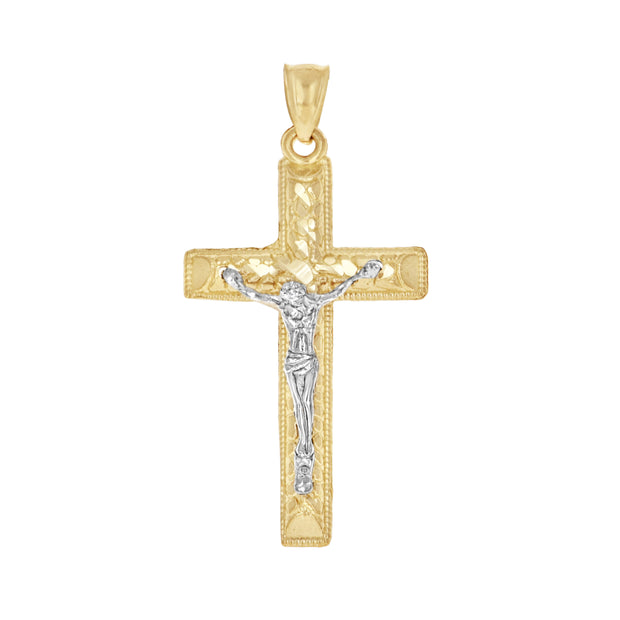 10kt Two-Tone Gold Mens Women Nugget Textured Crucifix Cross Religious Charm Pendant