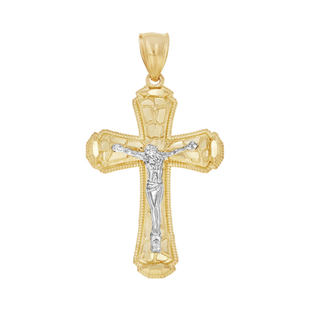 10kt Gold Two-Tone Diamond-Cut Mens Cross Crucifix Religious Charm Pendant