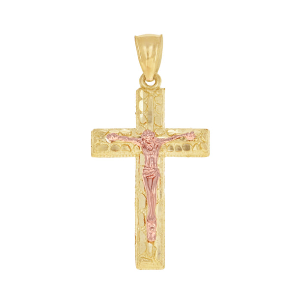 10kt Two-Tone Gold Mens Women Nugget Textured Crucifix Cross Religious Charm Pendant