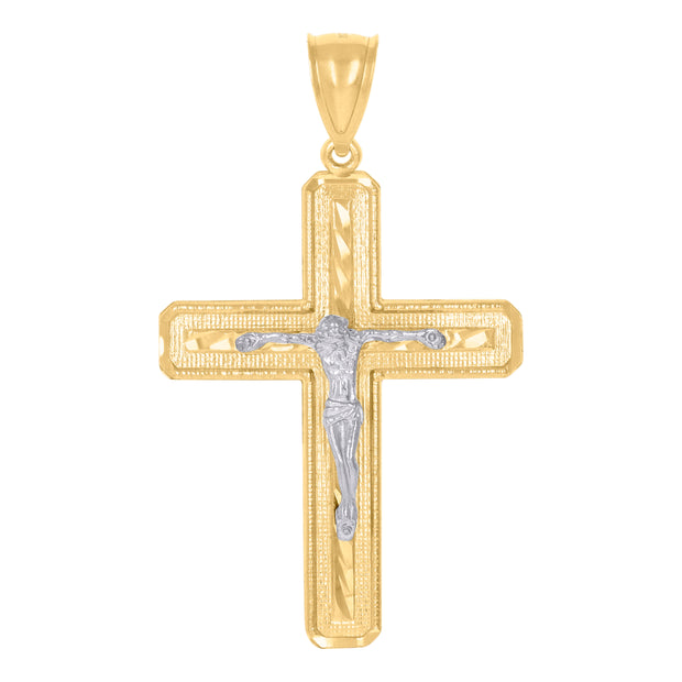 10kt Gold Two-Tone Diamond-Cut Mens Cross Crucifix Religious Charm Pendant