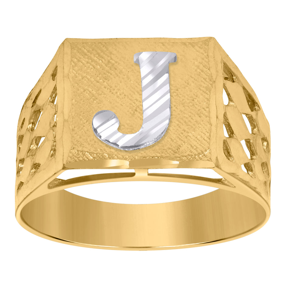 10kt Two-Tone Gold Mens Diamond-Cut Textured Initial Letter J Band Ring