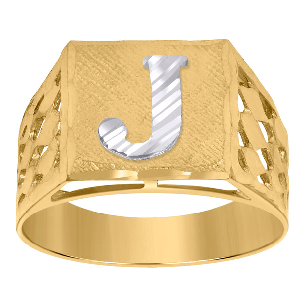 10kt Two-Tone Gold Mens Diamond-Cut Textured Initial Letter J Band Ring