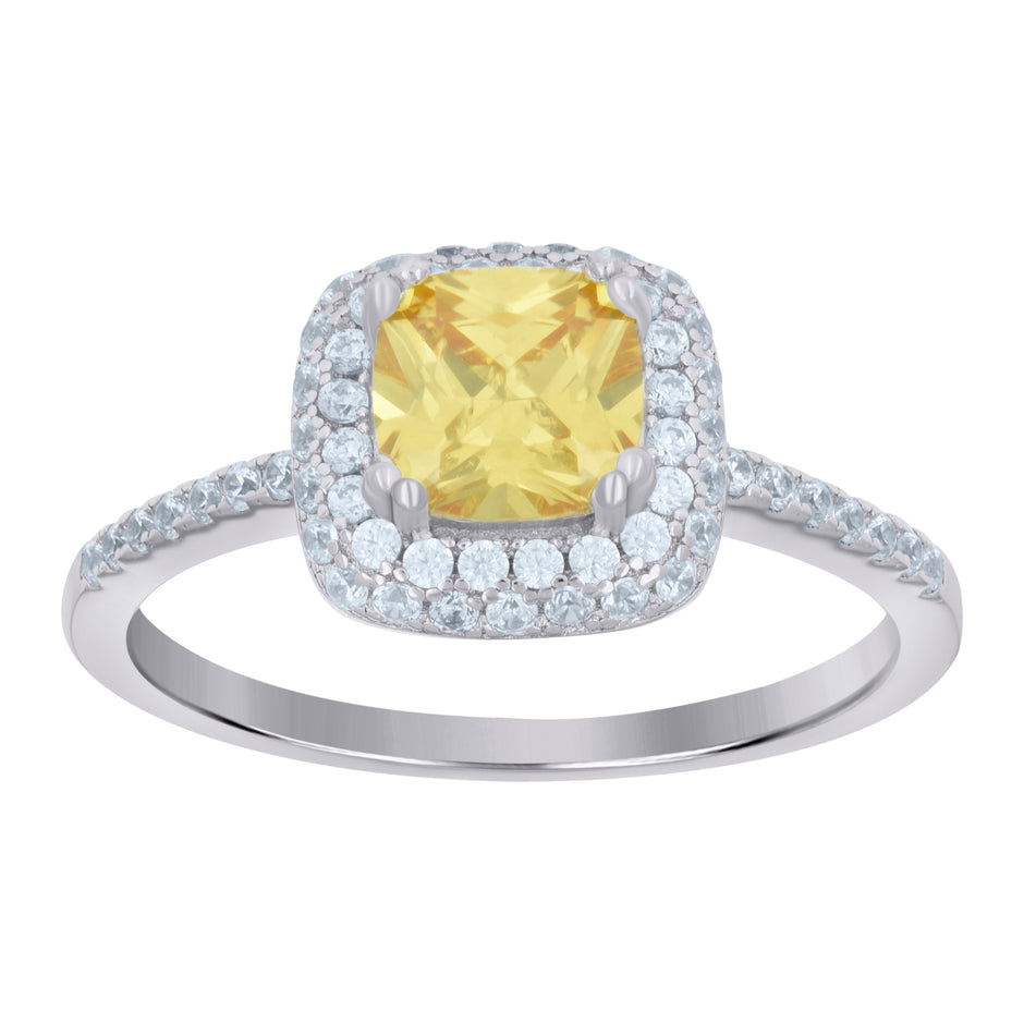 925 Sterling Silver Womens Yellow Cubic Zirconia Halo Ring Size 6