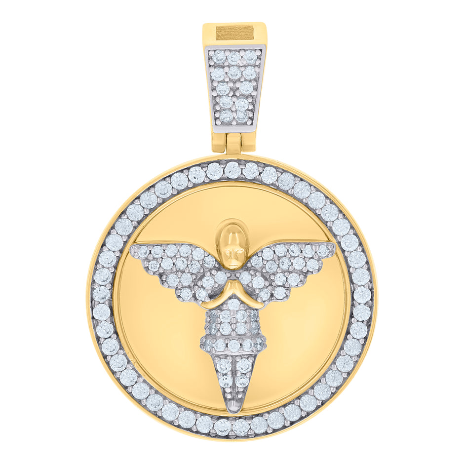 925 Sterling Silver Yellow-Tone Mens Cubic-Zirconia Angel Religious Medallion Charm Pendant 