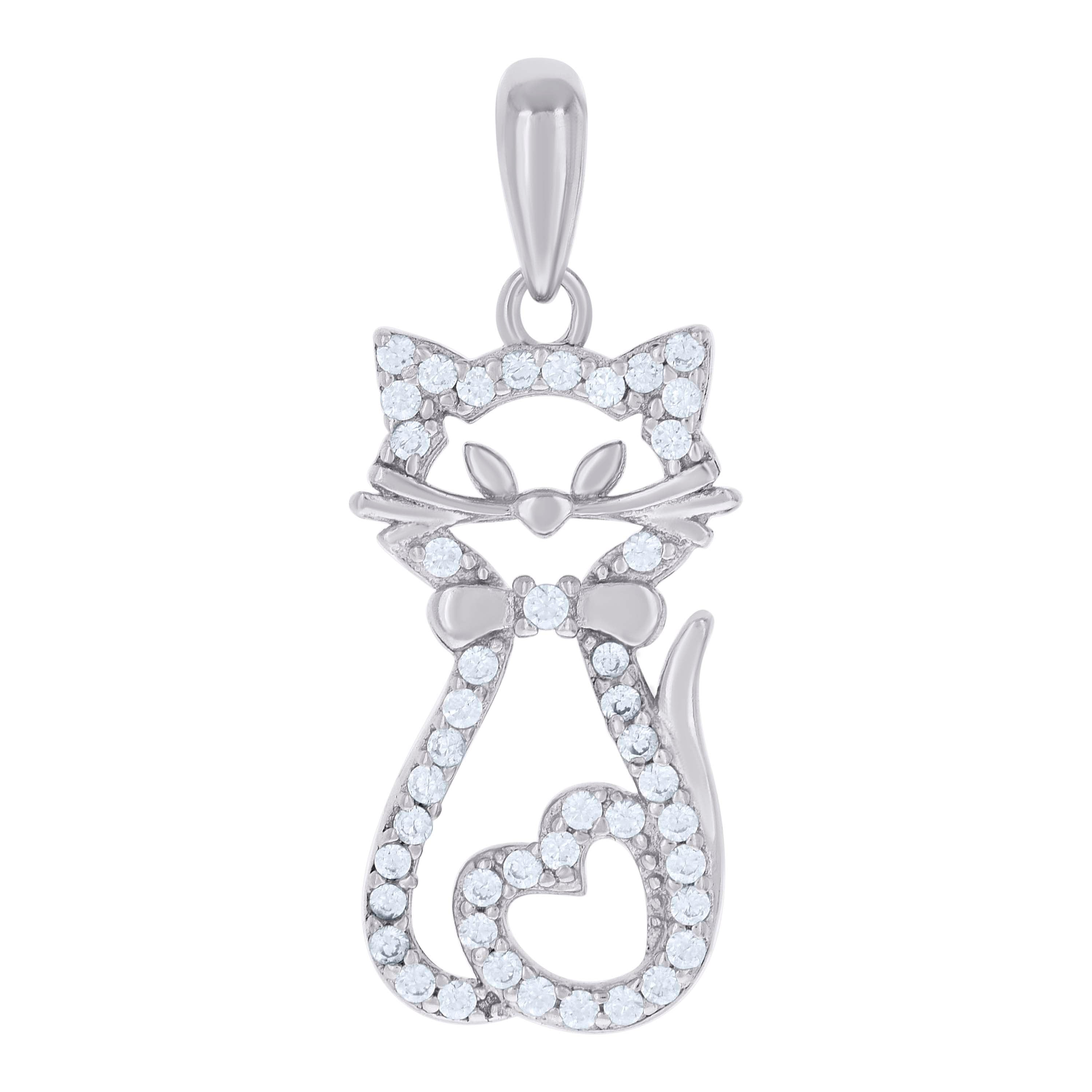 925 Sterling Silver Womens Cubic Zirconia Cat With Heart Charm Pendant