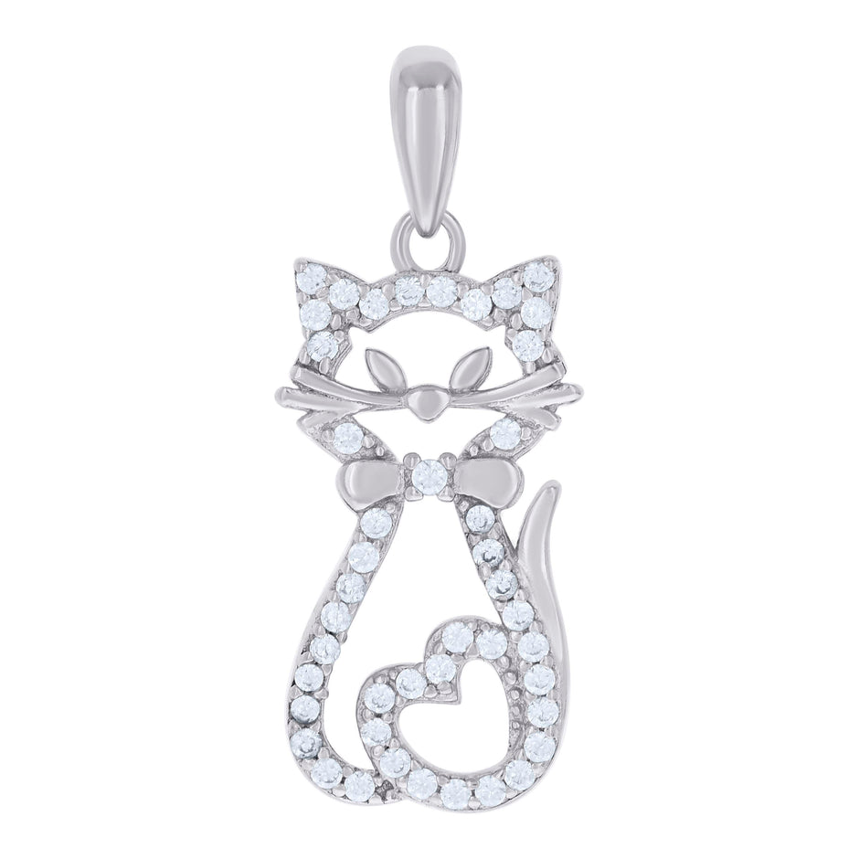 925 Sterling Silver Womens Cubic Zirconia Cat With Heart Charm Pendant