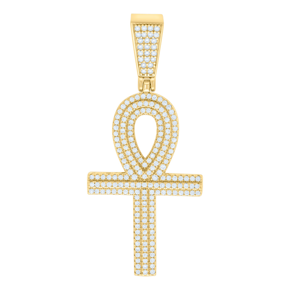 925 Sterling Silver Yellow-Tone Unisex CZ Ankh Cross Religious Charm Pendant