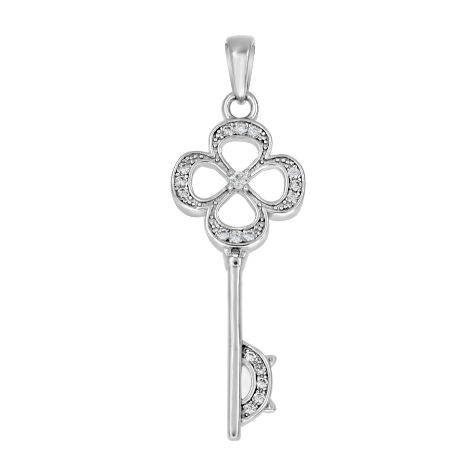 925 Sterling Silver Womens Cz Clover Head Key Charm Pendant