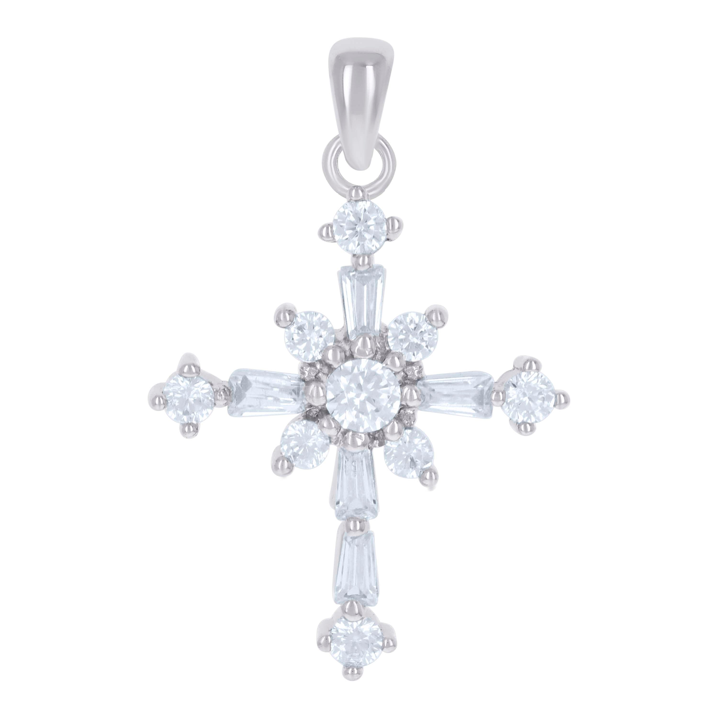 925 Sterling Silver Unisex Baguette Cz Cross Religious Charm Pendant