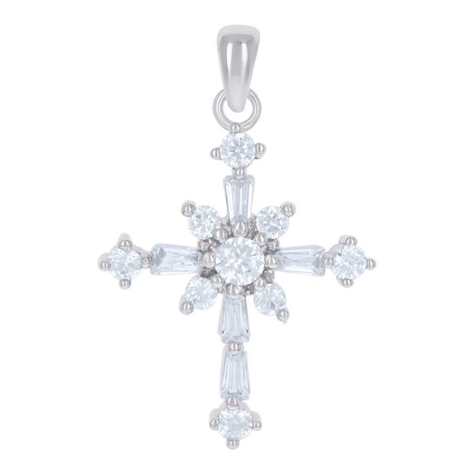 925 Sterling Silver Unisex Baguette Cz Cross Religious Charm Pendant