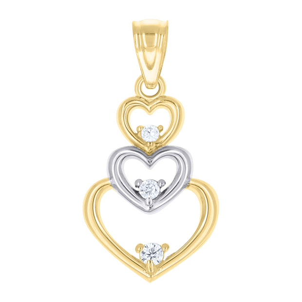 10kt Two-Tone Gold Womens Cubic Zirconia Cubic-Zirconia Triple Hearts Love Charm Pendant