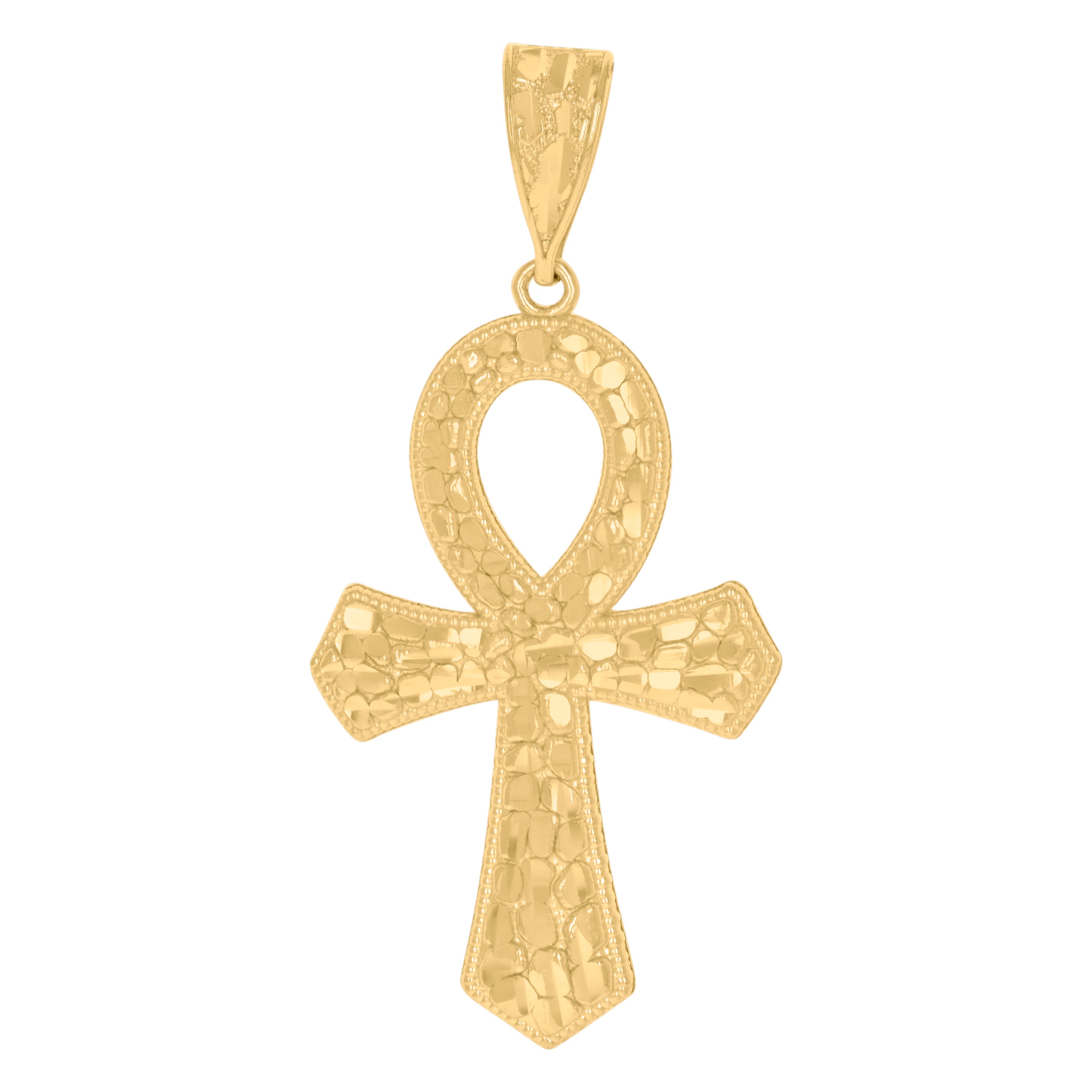10kt Yellow Gold Diamond-Cut Nugget Mens Ankh Cross Religious Charm Pendant
