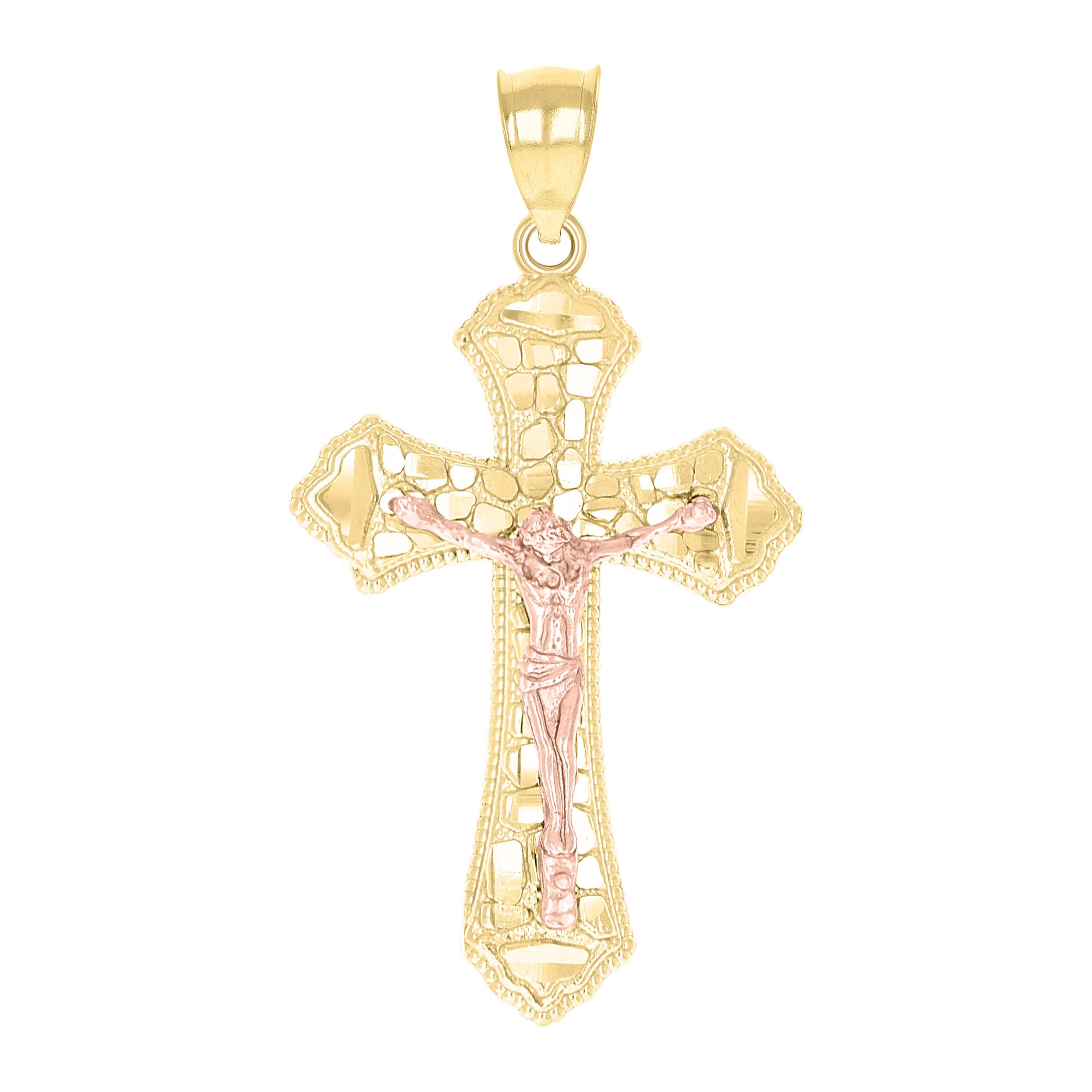 10kt Gold Two-Tone Diamond-Cut Nugget Mens Cross Crucifix Religious Charm Pendant