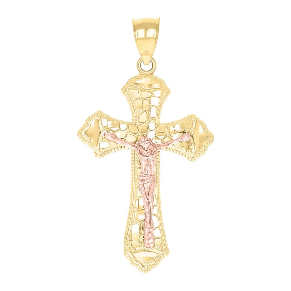 10kt Gold Two-Tone Diamond-Cut Nugget Mens Cross Crucifix Religious Charm Pendant