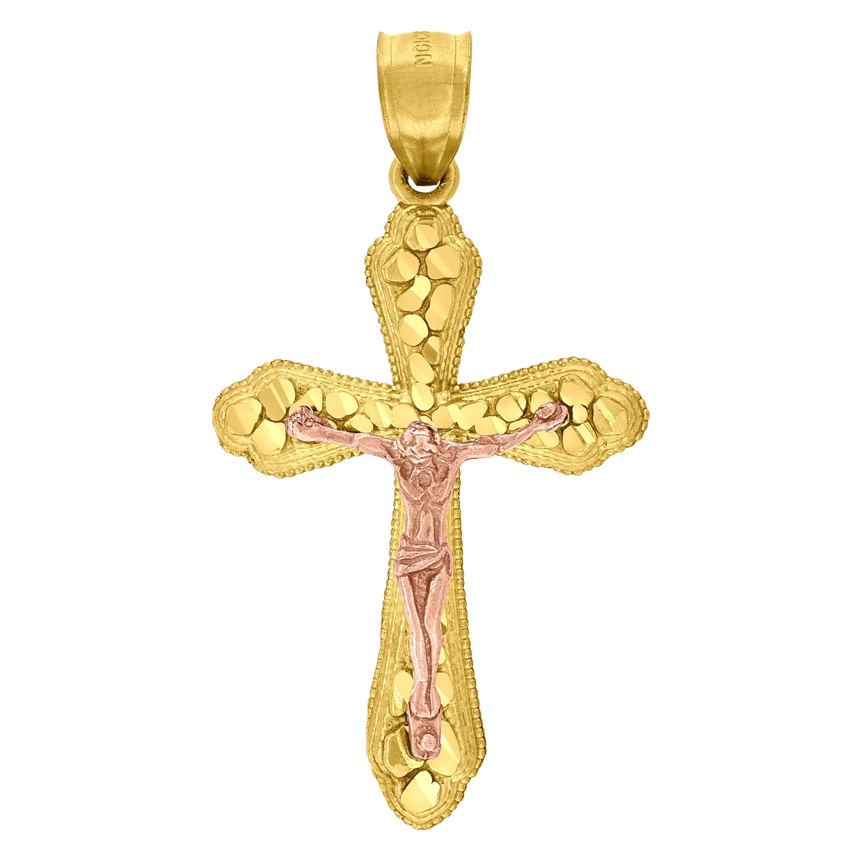 10kt Two-Tone Gold Mens Women Nugget Textured Crucifix Cross Religious Charm Pendant
