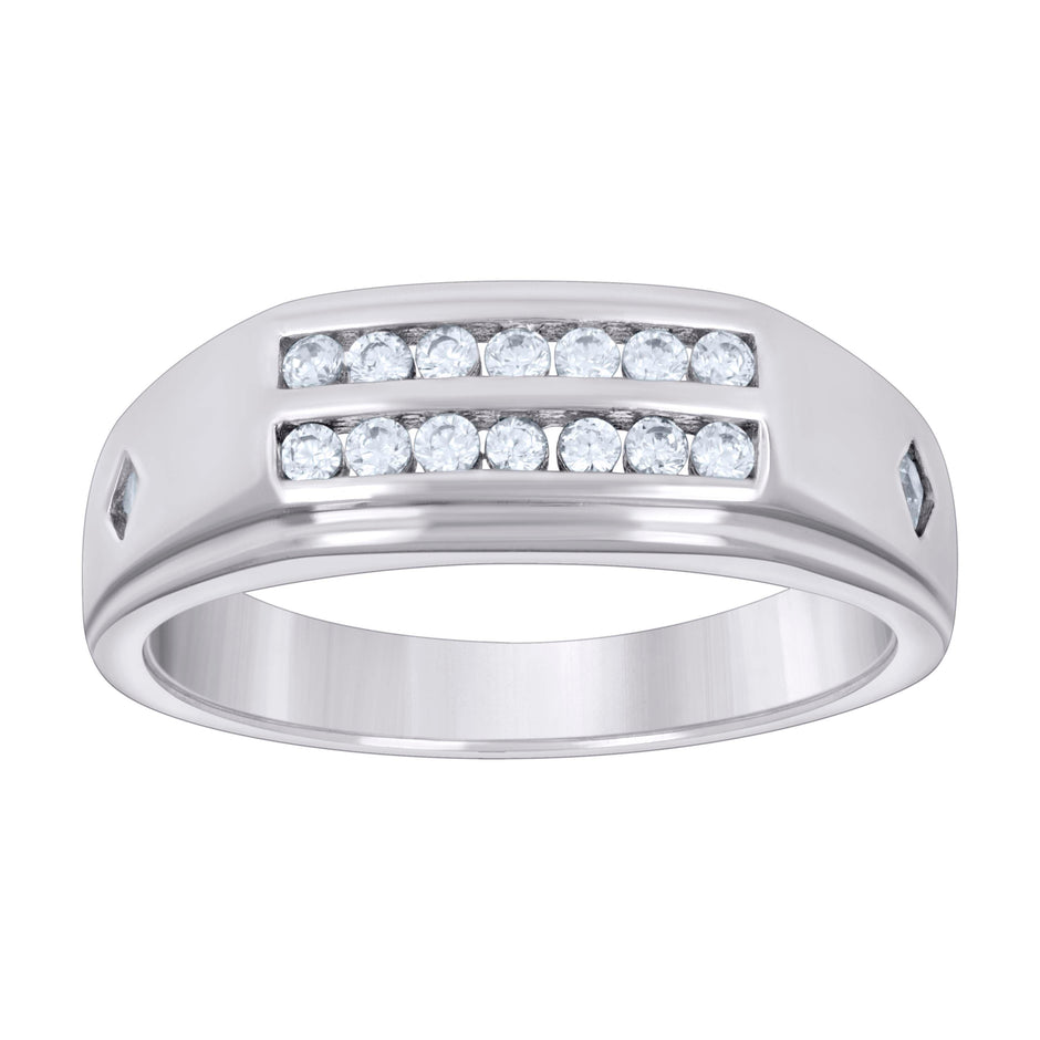 925 Sterling Silver Mens Cubic Zirconia Size-11 Two-Rows Wedding Engagement Anniversary Band Ring - SLV-72469