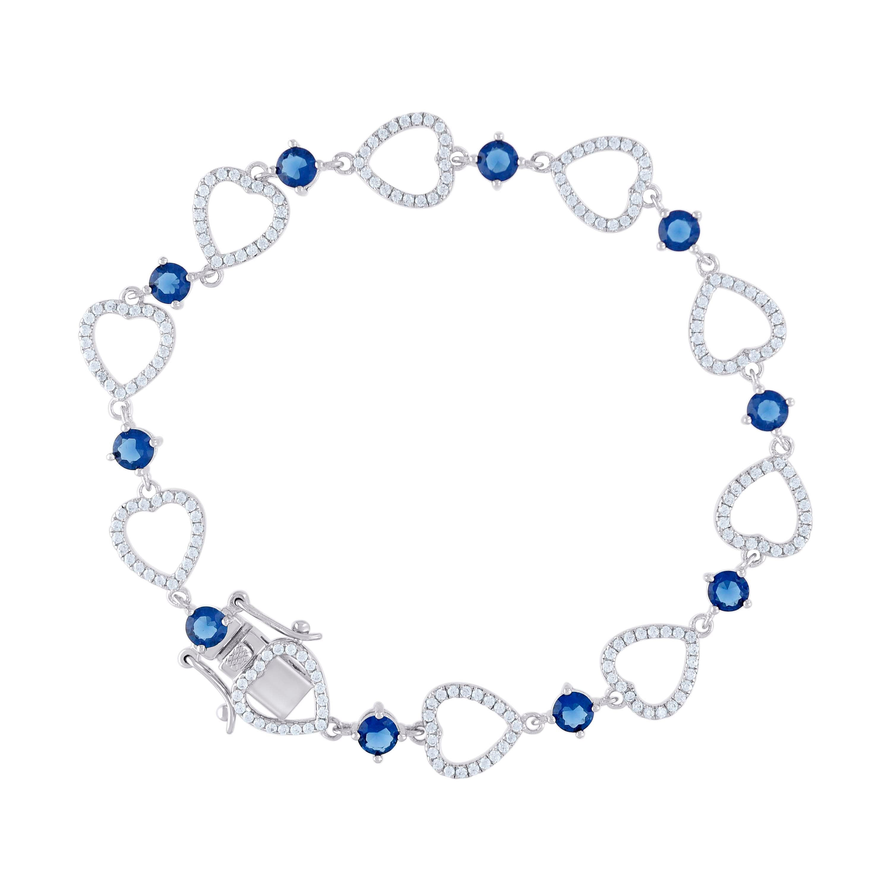 925 Sterling Silver Womens Blue & White Cubic Zirconia Link Heart Bracelet