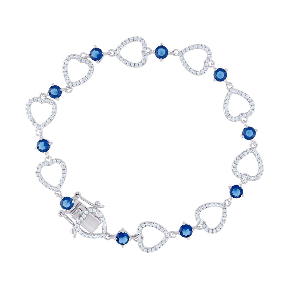 925 Sterling Silver Womens Blue & White Cubic Zirconia Link Heart Bracelet
