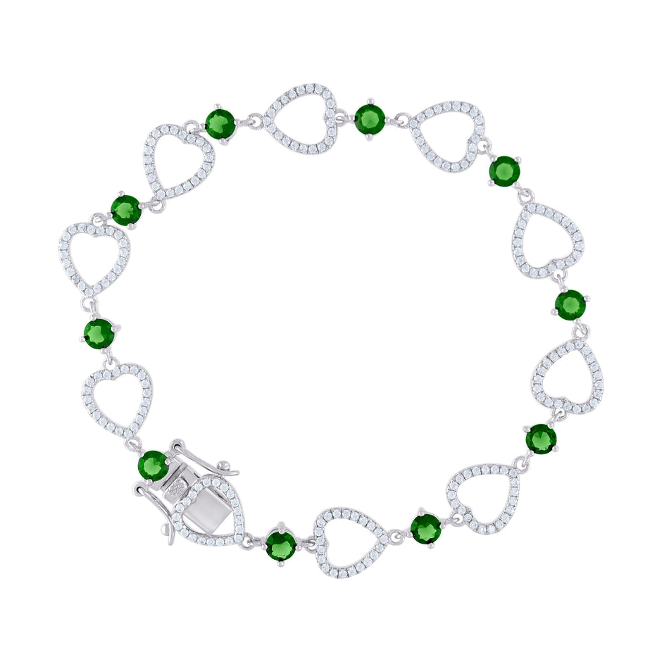 925 Sterling Silver Womens Green & White Cubic Zirconia Link Heart Bracelet