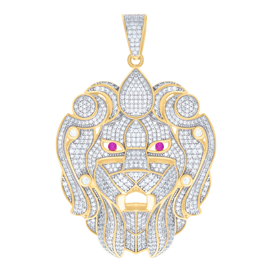 Yellow-Tone 925 Sterling Silver Womens Round Cubic Zirconia Animal Lion Face Cluster Fashion Charm Pendant