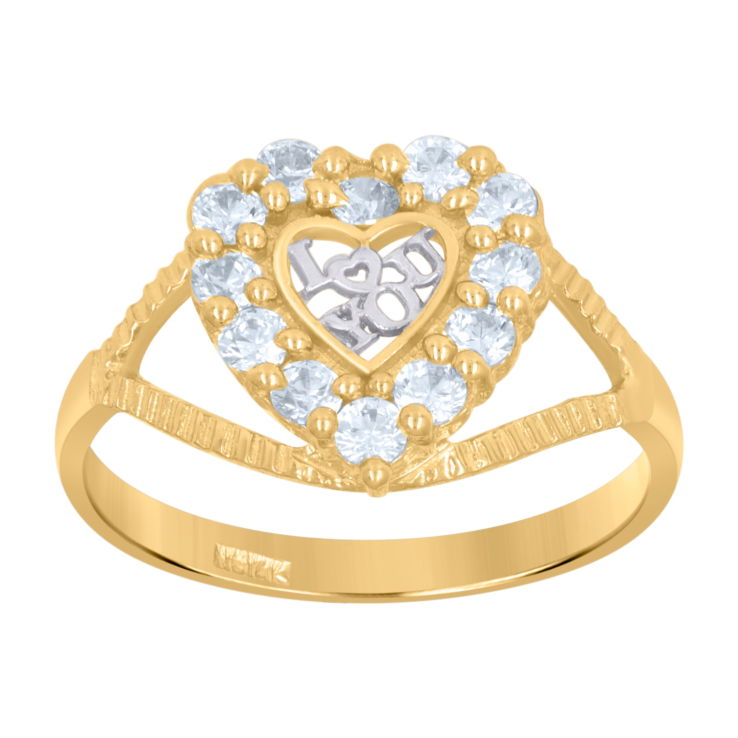 14Kt Two-Tone Gold Womens Cubic Zirconia I Love You Heart Band Ring