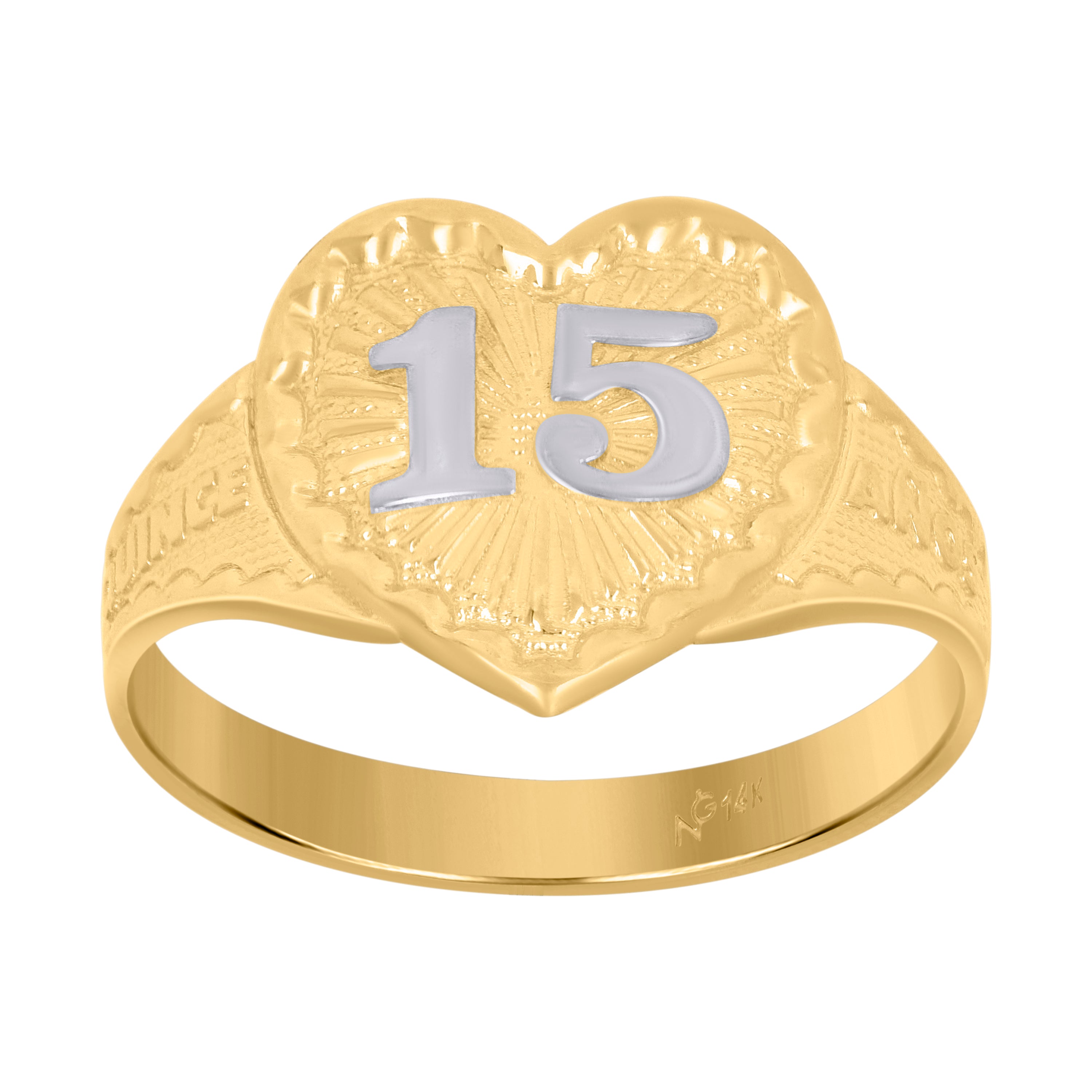14Kt Gold Womens Two-Tone Diamond-Cut 15 Anos Sz7 Heart Quinceanera Band Ring