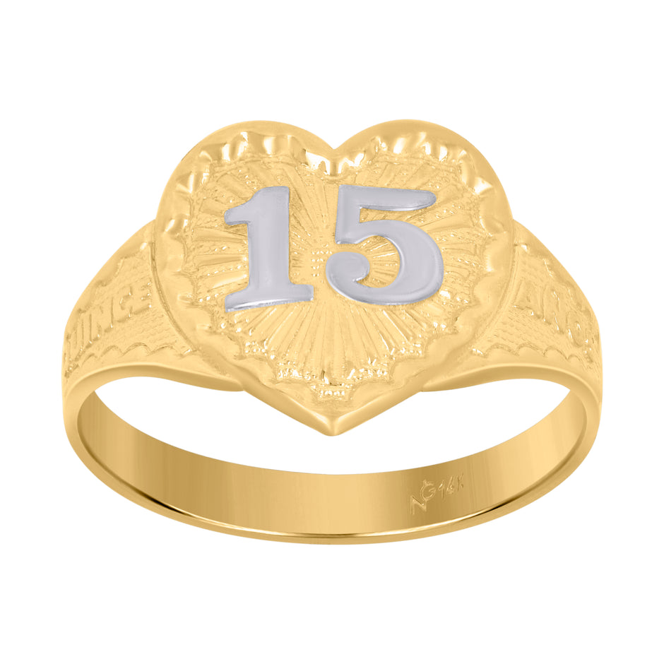 14Kt Gold Womens Two-Tone Diamond-Cut 15 Anos Sz7 Heart Quinceanera Band Ring