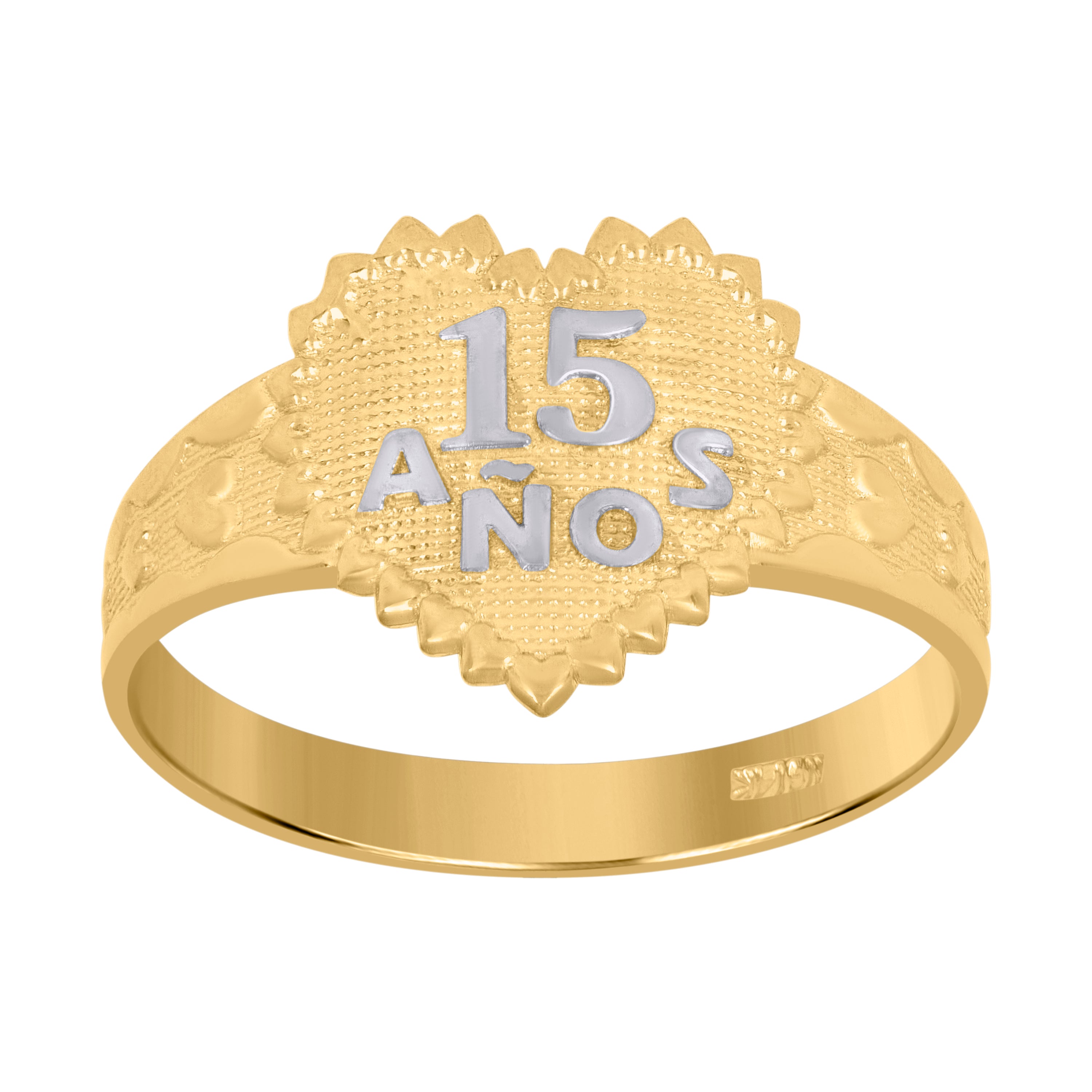 14Kt Gold Womens Two-Tone Diamond-Cut 15 Anos Heart Sz7 Quinceanera Band Ring
