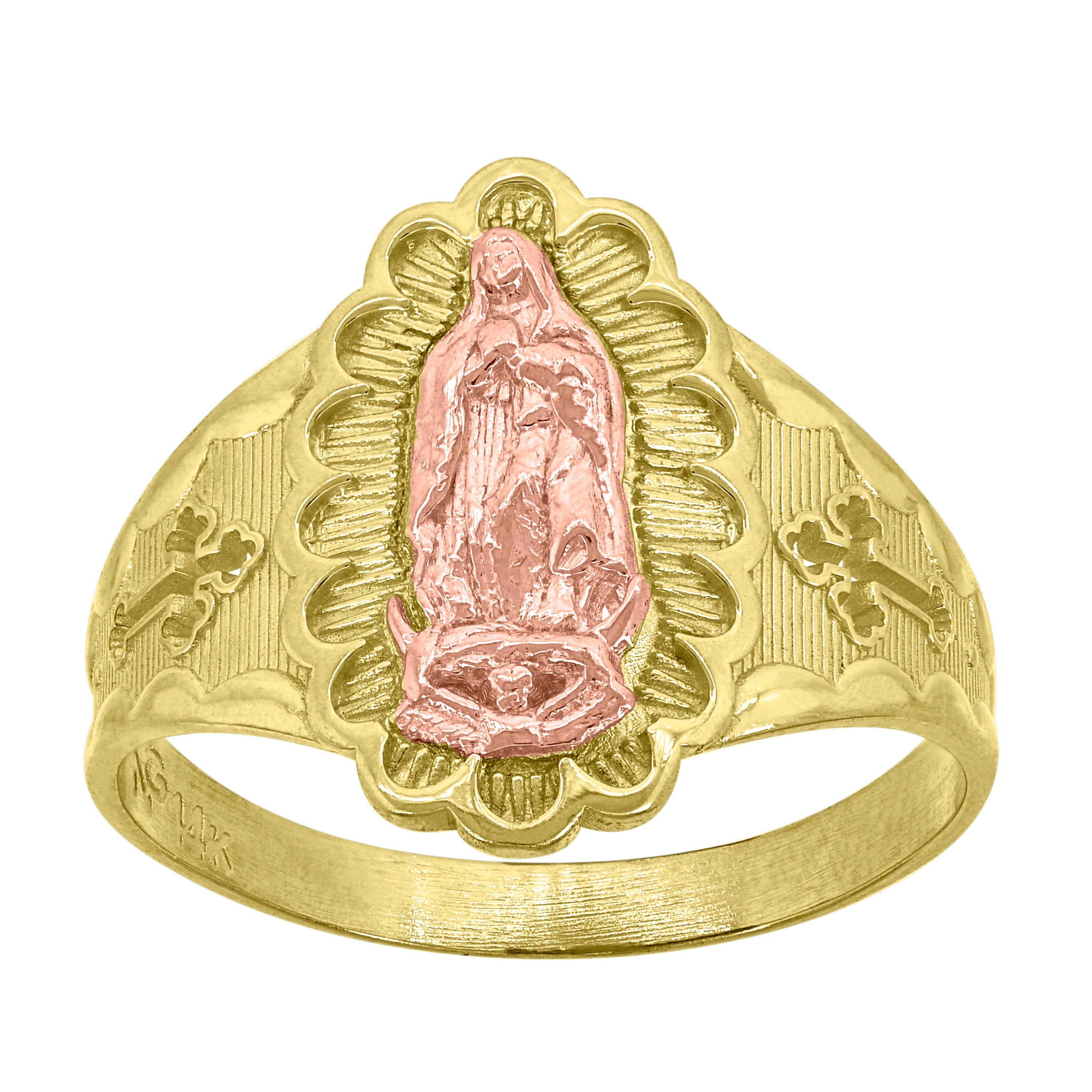 14Kt Gold Womens Two-Tone Guadalupe Mary Cross Sz7 Religious Band Ring