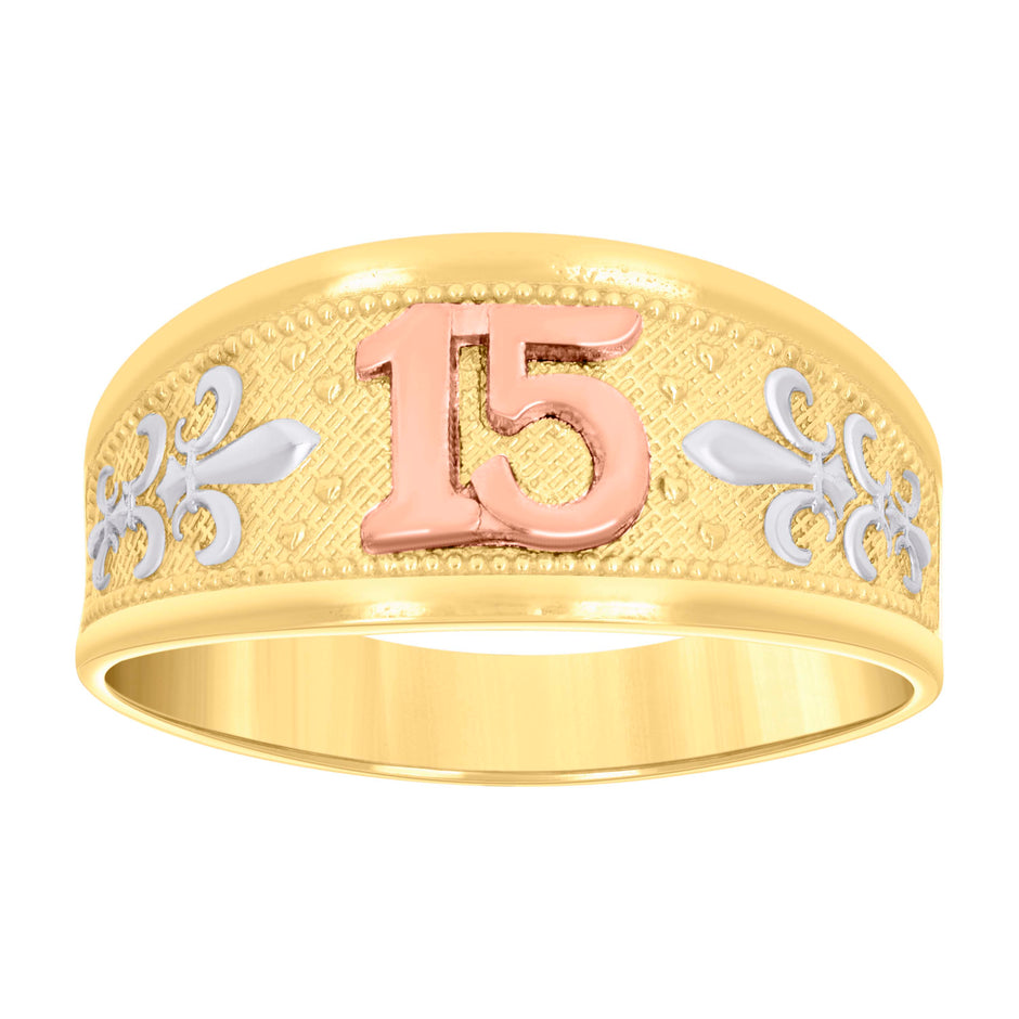 14Kt Gold Womens Tri-Color 15 Anos Sz7 Quinceanera Band Ring