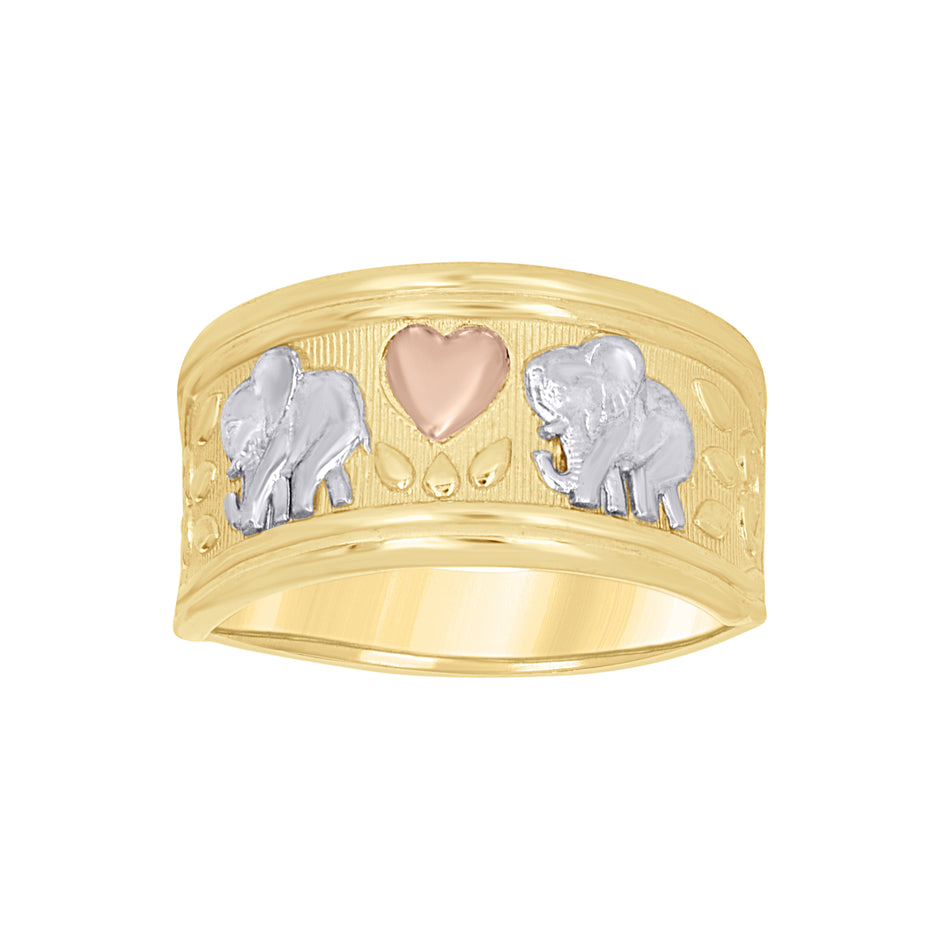 14kt Tri-Color Gold Womens Heart Elephant Good Luck Ring 