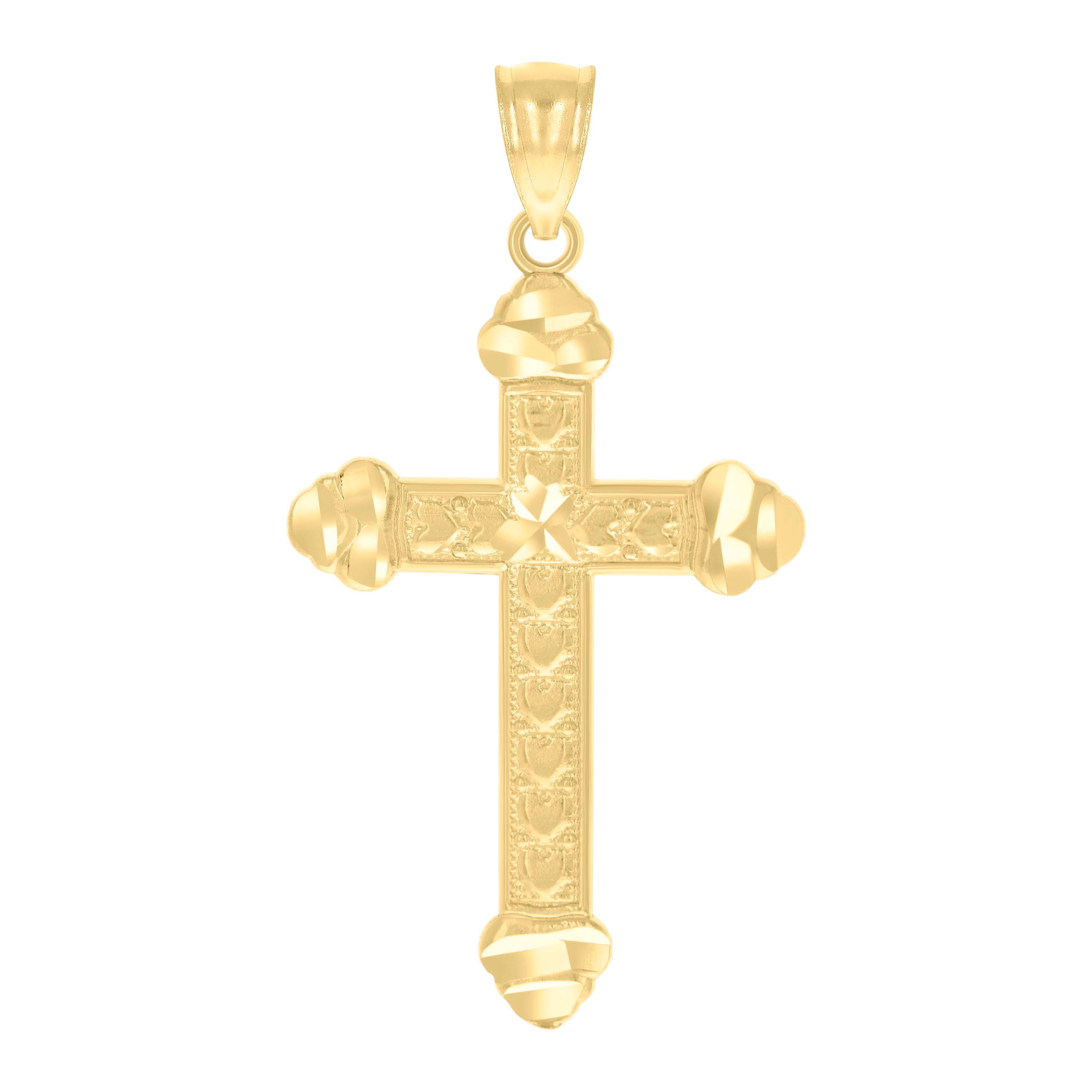 14Kt Yellow Gold Unisex Diamond-Cut Cross Hearts Religious Pendant Charm