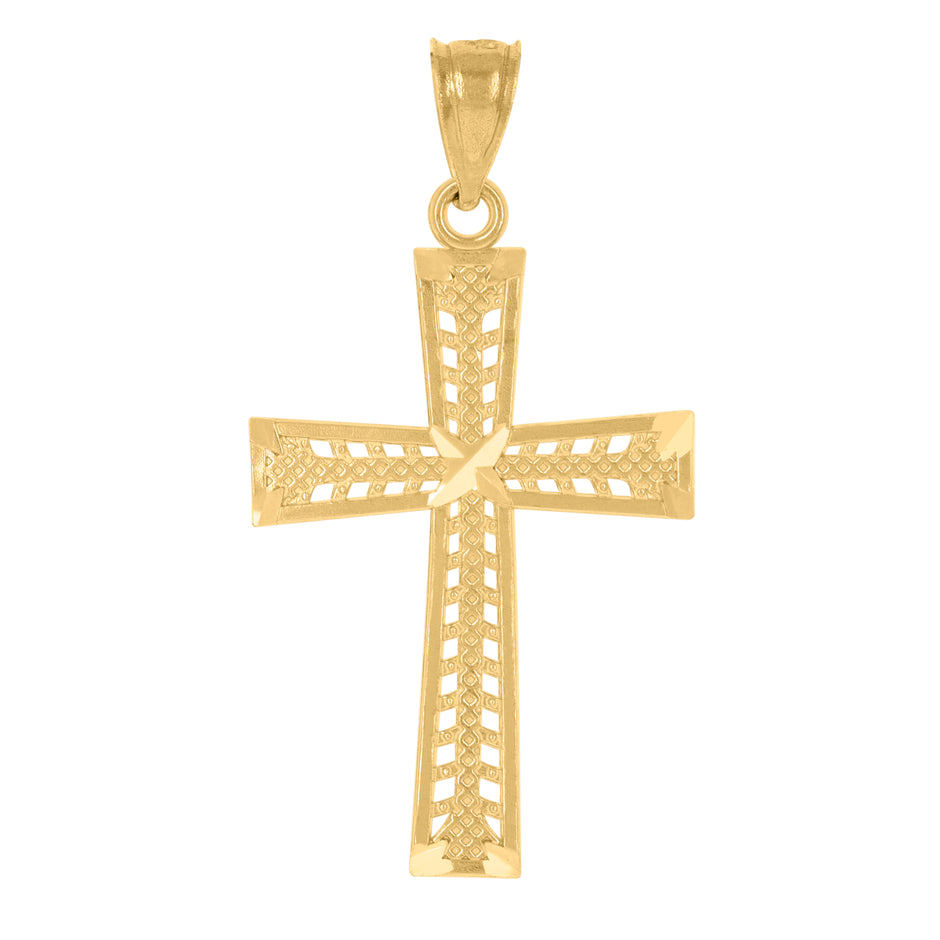 14Kt Yellow Gold Unisex Diamond-Cut Cross Ht:34.3Mm Religious Pendant Charm
