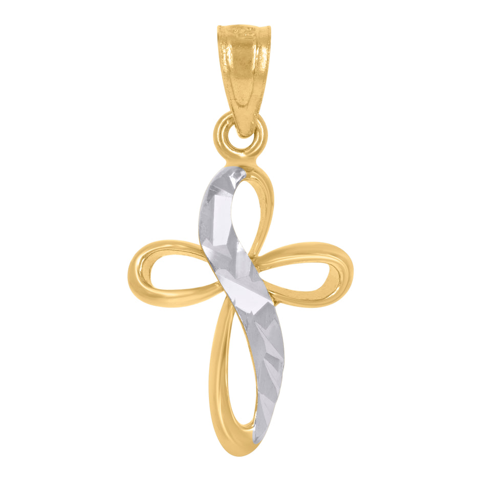 14Kt Gold Unisex Two-Tone Diamond-Cut Cross Ht:22.2Mm Religious Pendant Charm 
