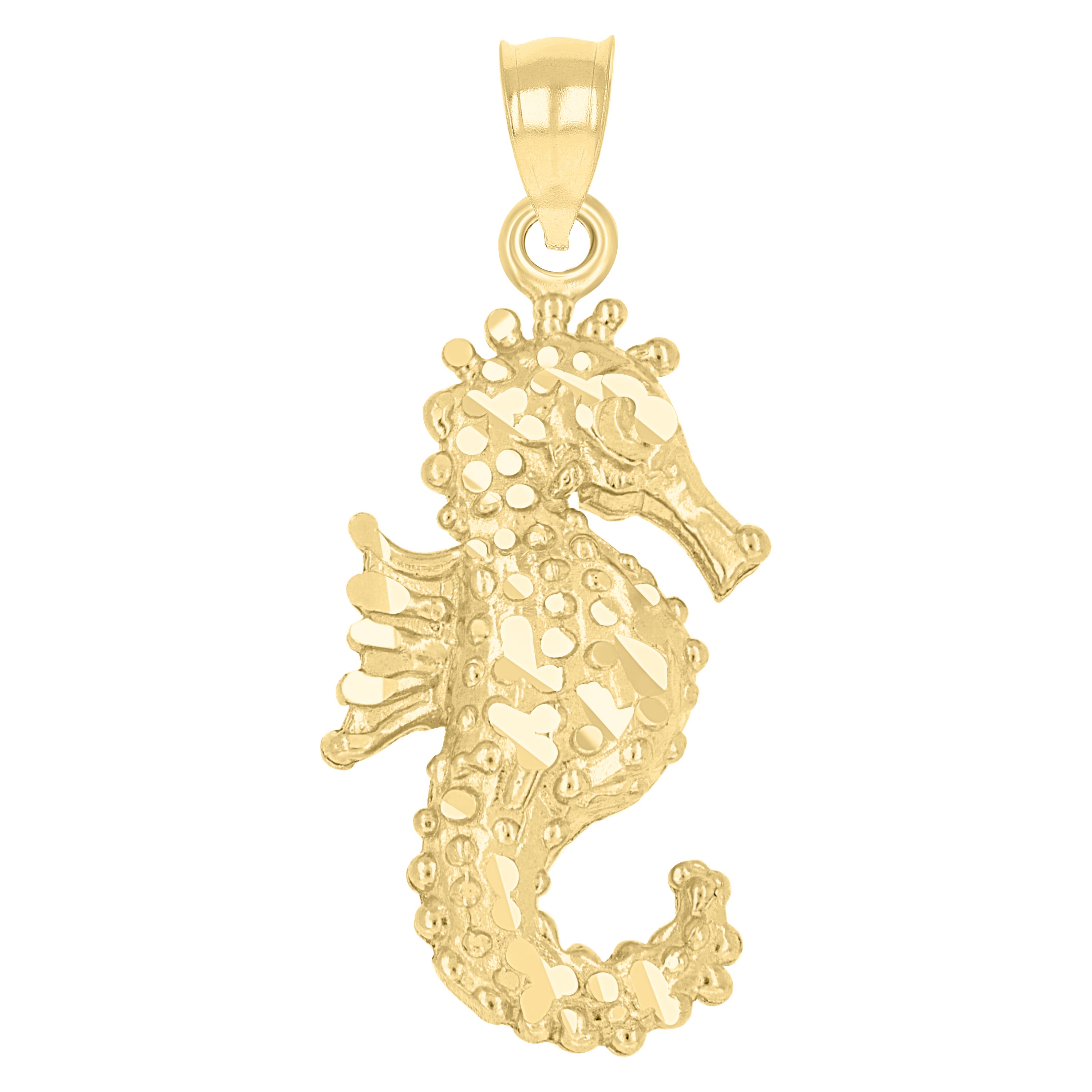 14Kt Yellow Gold Unisex Diamond-Cut Sea Horse Animal Ht:27Mm Pendant Charm
