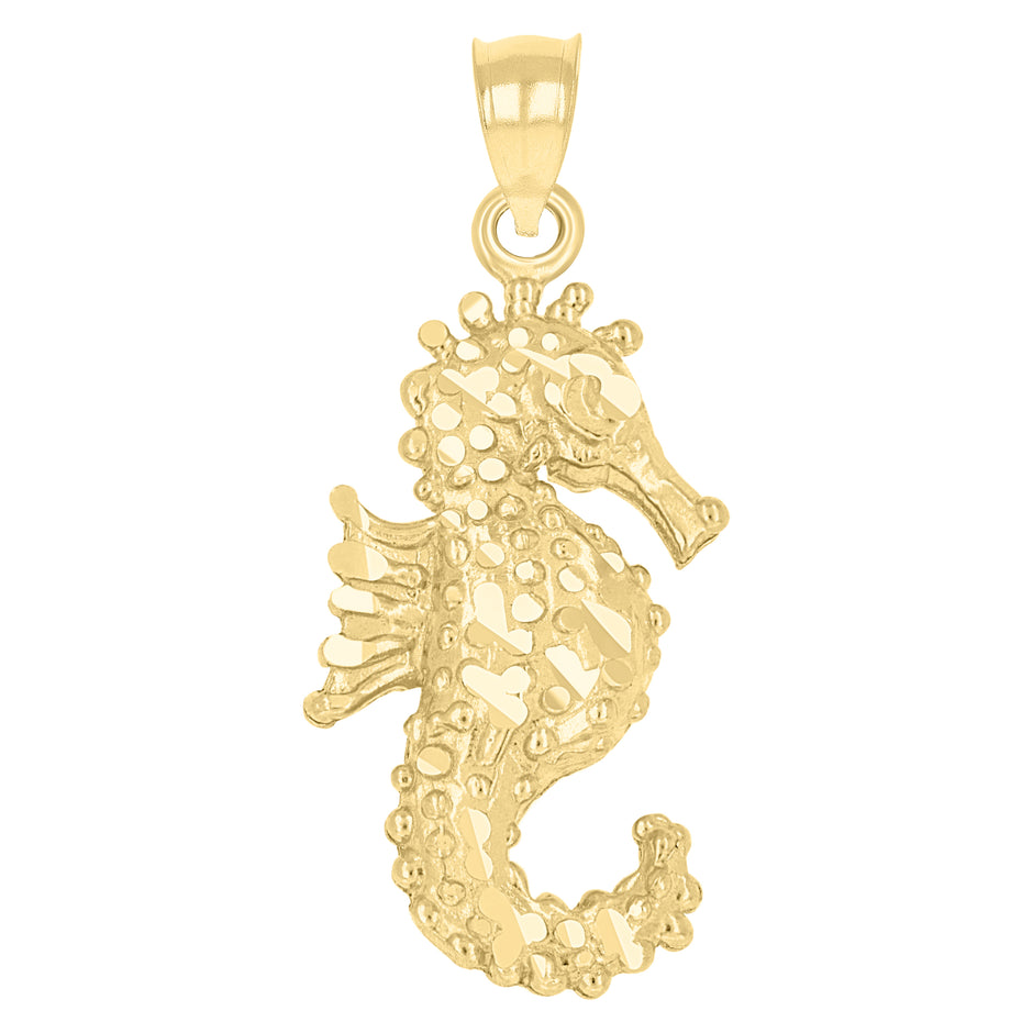 14Kt Yellow Gold Unisex Diamond-Cut Sea Horse Animal Ht:27Mm Pendant Charm