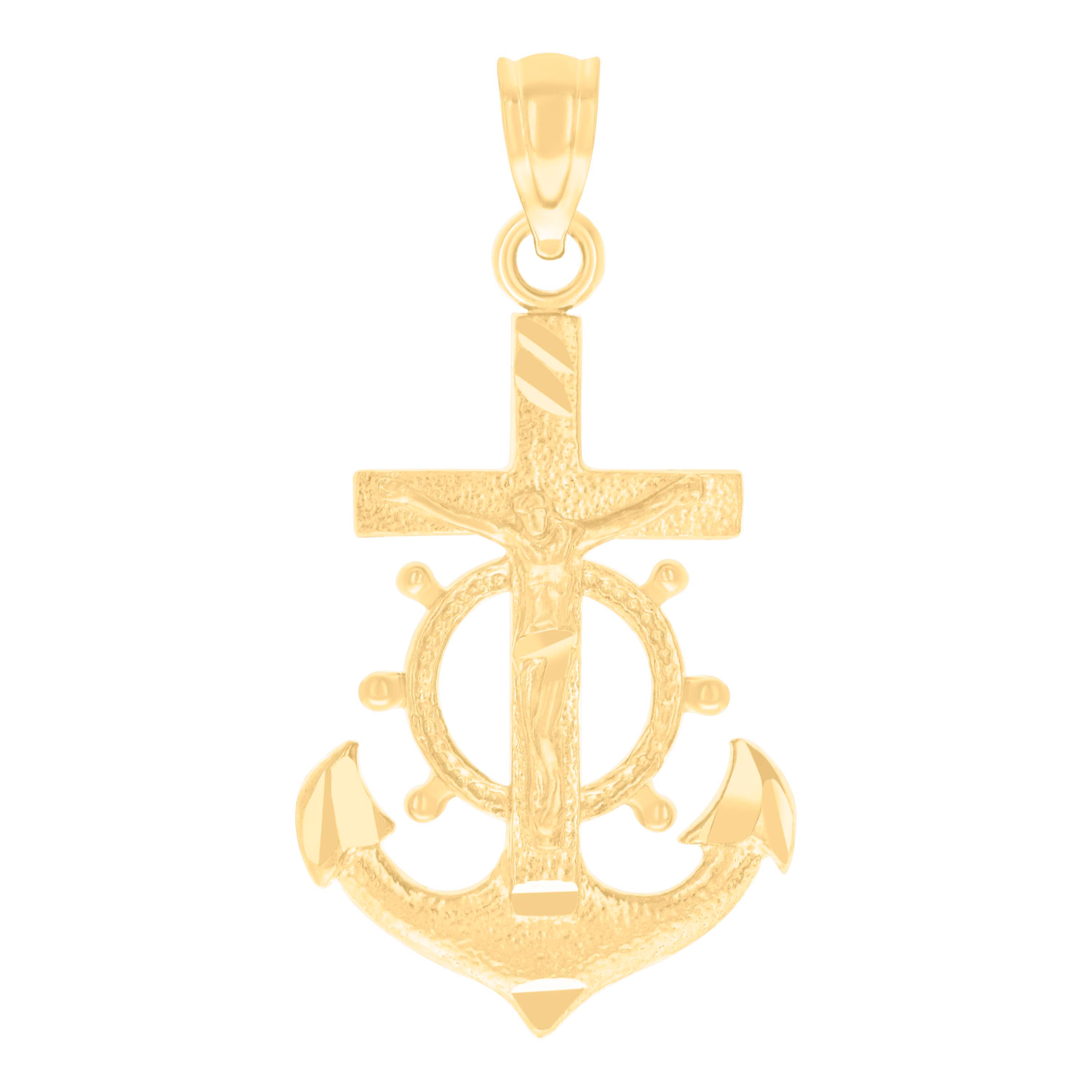 14Kt Yellow Gold Unisex Diamond-Cut Anchor Cross Crucifix Ht:26.8Mm Religious Pendant Charm