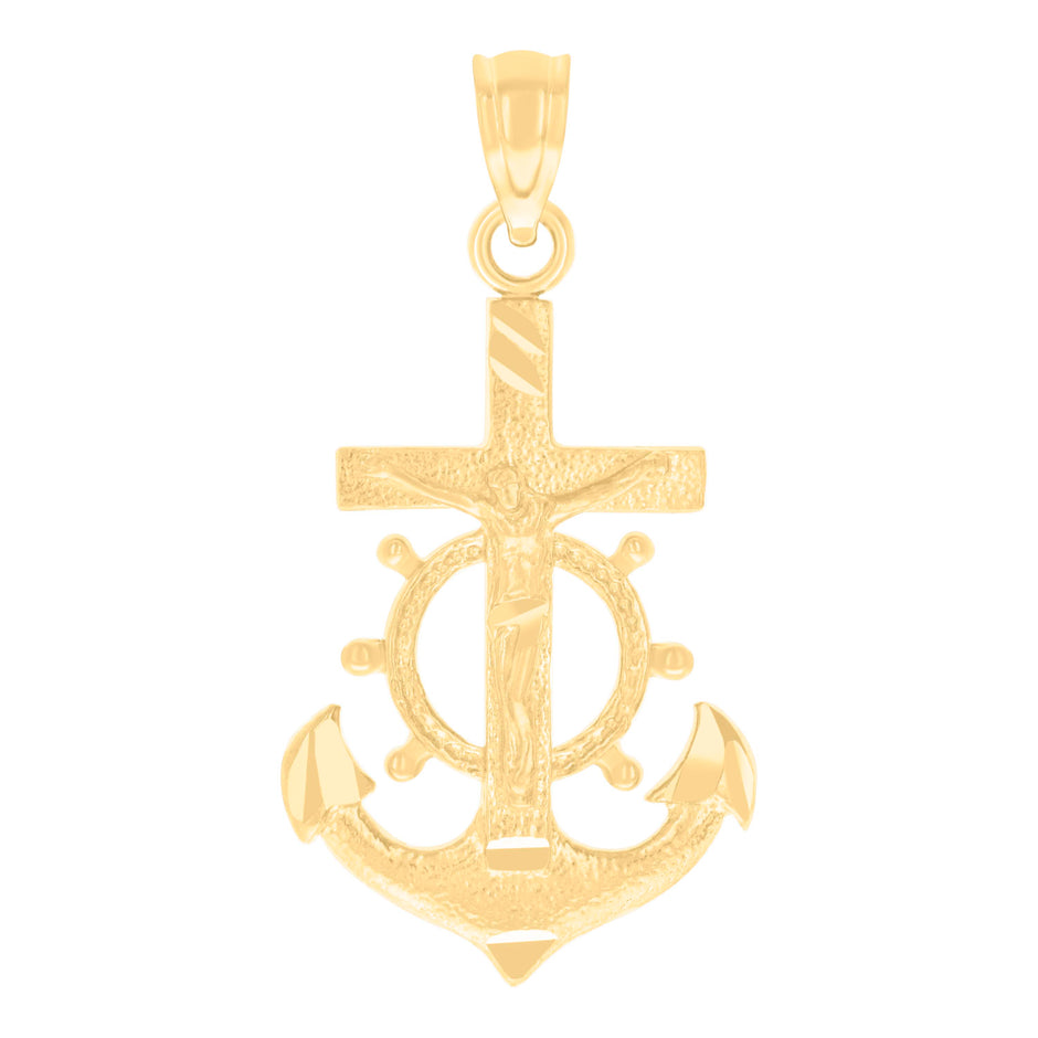 14Kt Yellow Gold Unisex Diamond-Cut Anchor Cross Crucifix Ht:26.8Mm Religious Pendant Charm