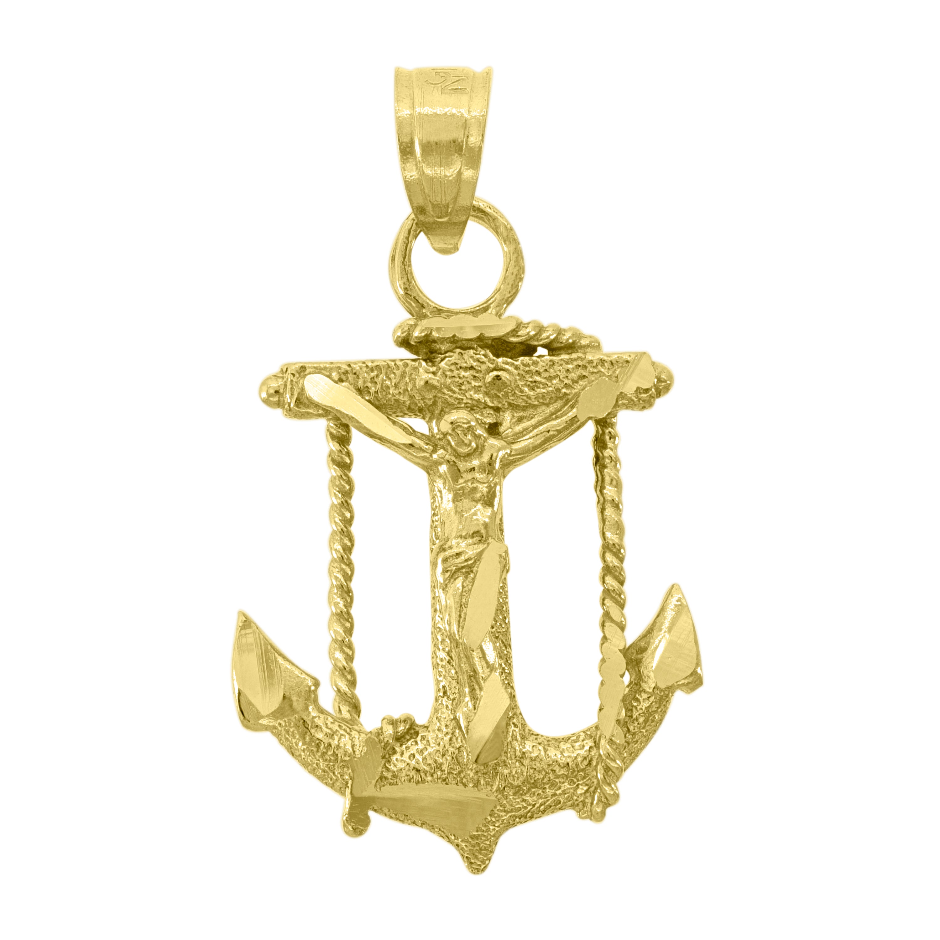 14Kt Yellow Gold Unisex Diamond-Cut Anchor Crucifix Ht:22.9Mm Religious Pendant Charm