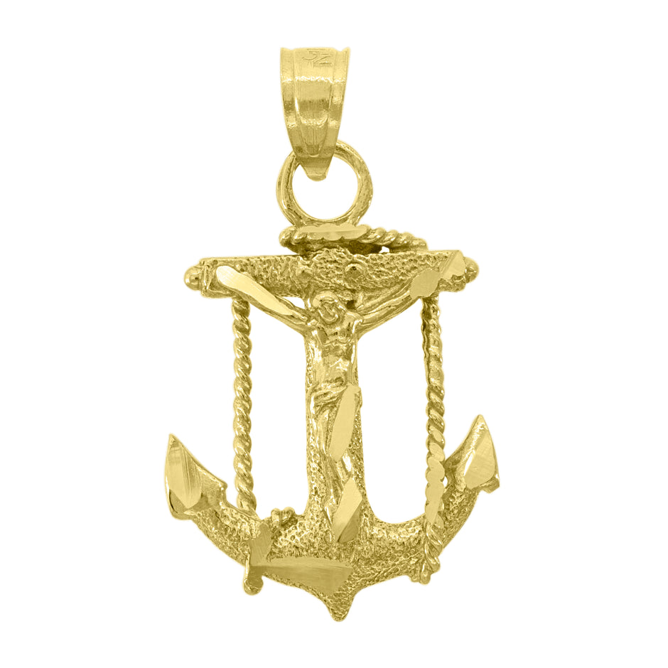 14Kt Yellow Gold Unisex Diamond-Cut Anchor Crucifix Ht:22.9Mm Religious Pendant Charm