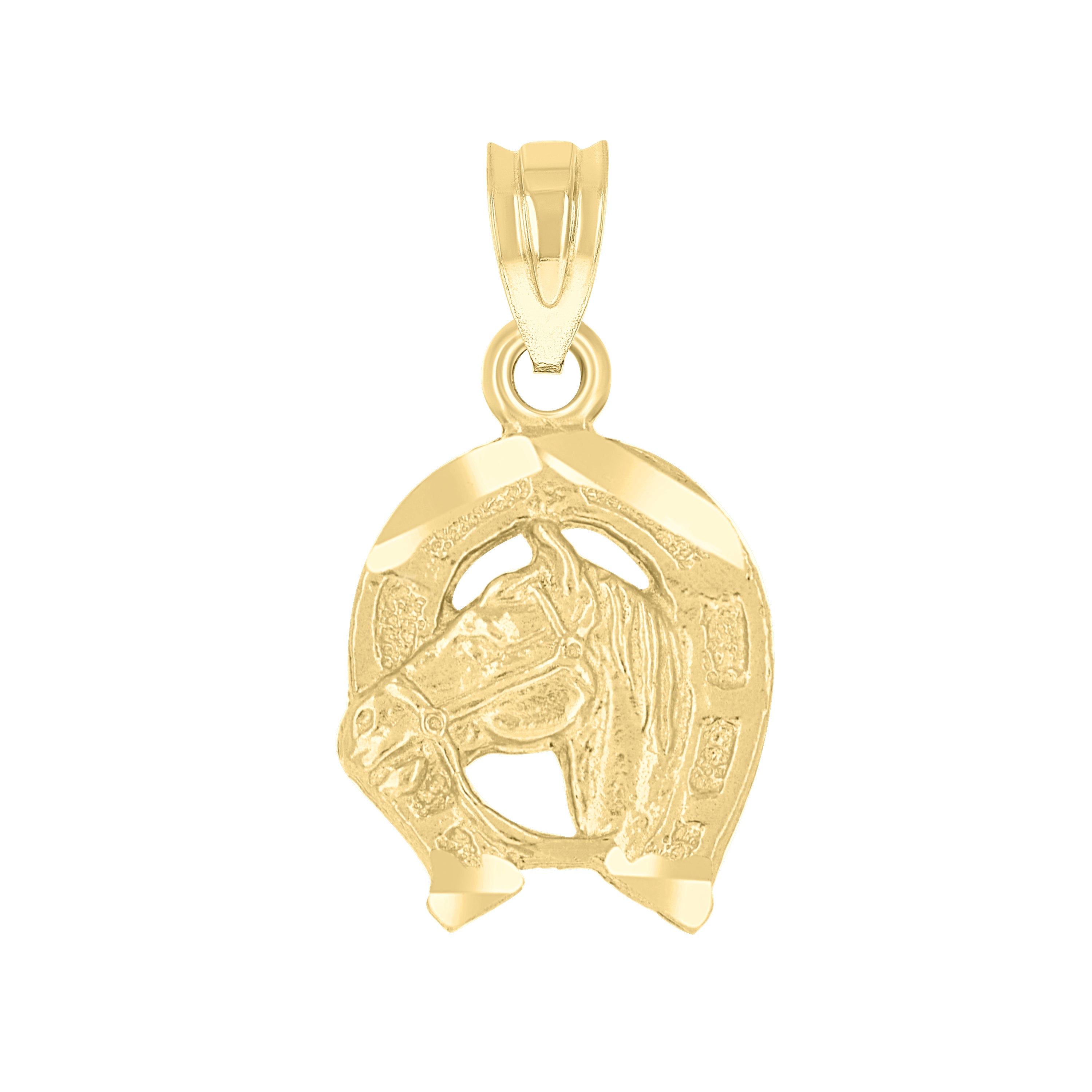 14Kt Yellow Gold Unisex Diamond-Cut Horse Shoe Animal Ht:18.7Mm Good Luck Pendant Charm