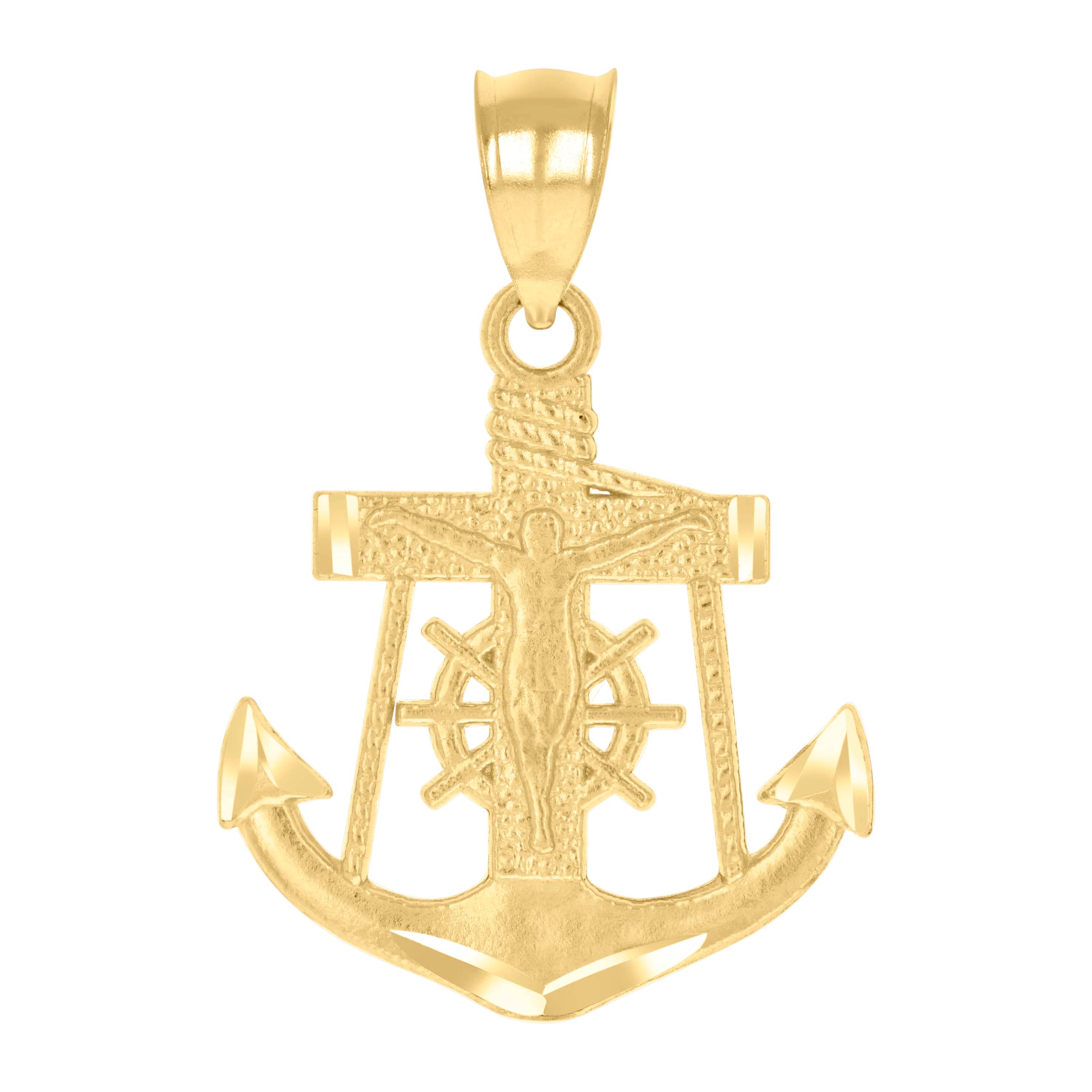 14Kt Yellow Gold Unisex Diamond-Cut Anchor Cross Crucifix Religious Pendant Charm