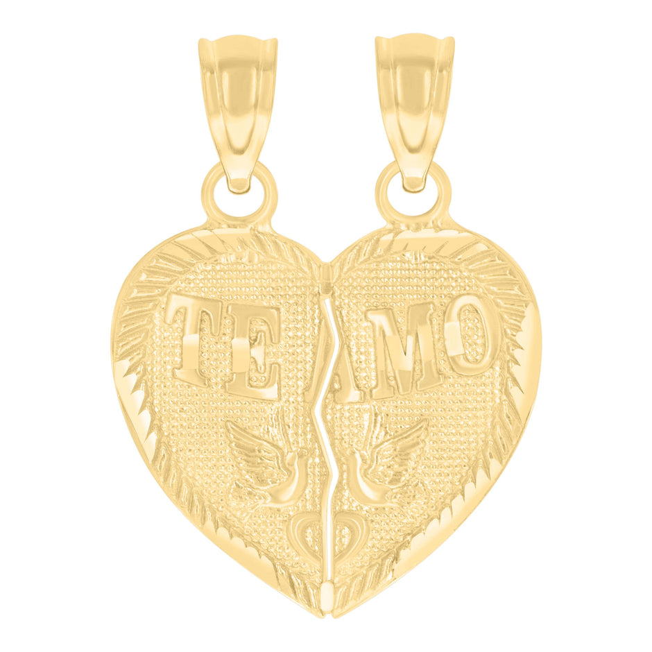 14Kt Yellow Gold Womens Diamond-Cut Te Amo Broken Heart Birds Ht:21.5Mm Pendant Charm