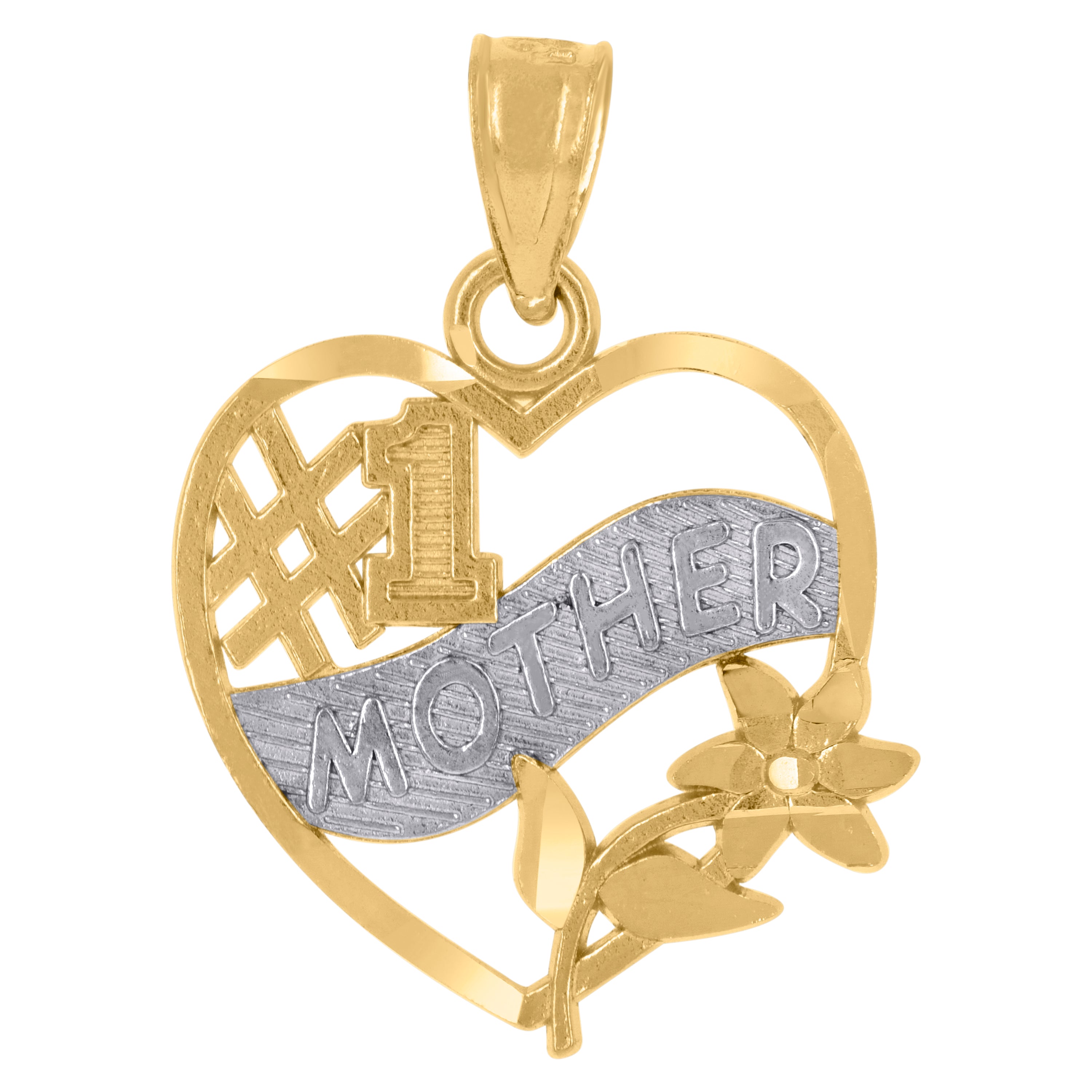 14Kt Gold Womens Two-Tone Diamond-Cut No.1 Mother Heart Flower Pendant Charm