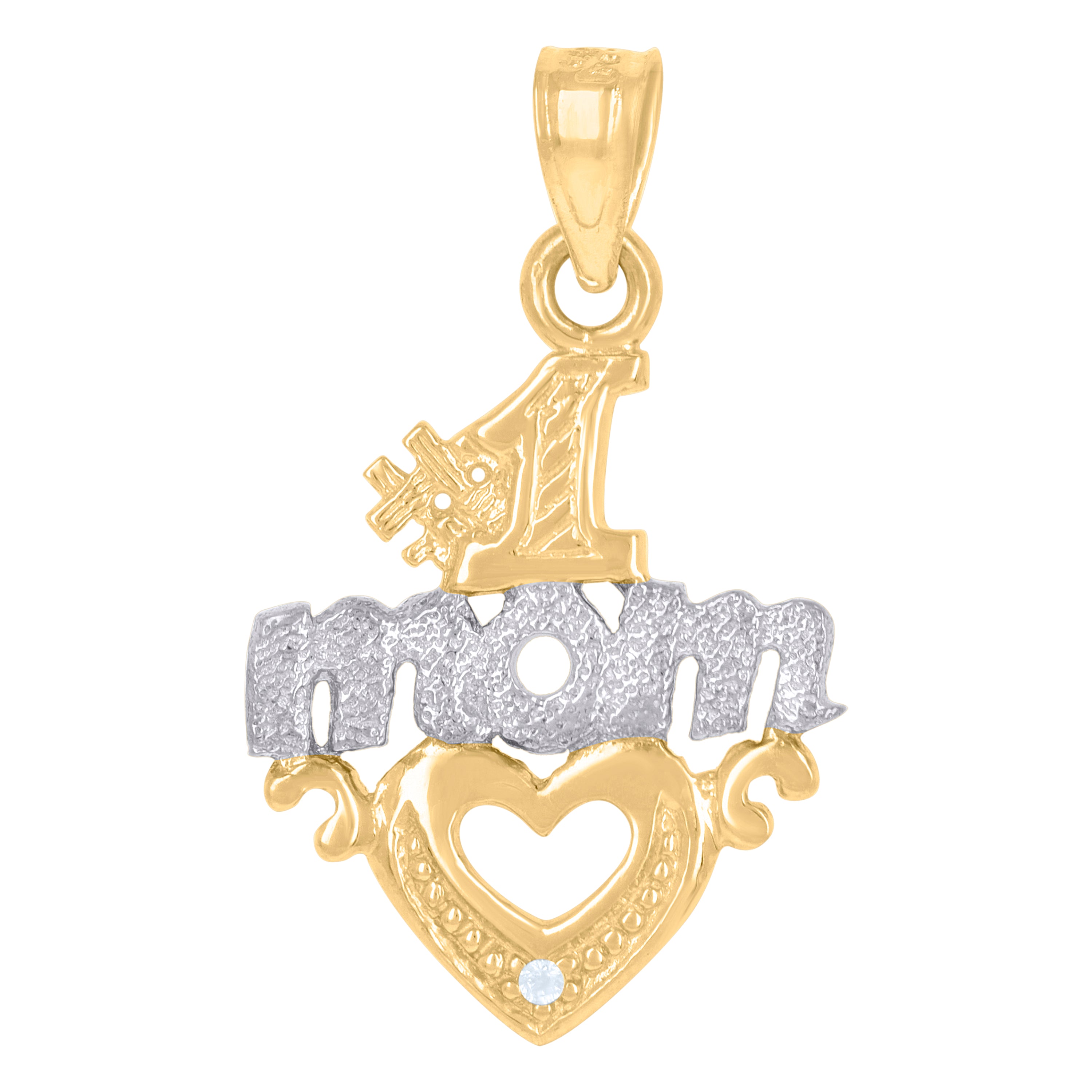 14Kt Gold Womens Two-Tone Cz No.1 Mom Heart Ht:23.9Mm Pendant Charm