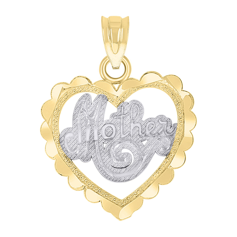 14Kt Gold Womens Two-Tone Diamond-Cut Mom Heart Pendant Charm
